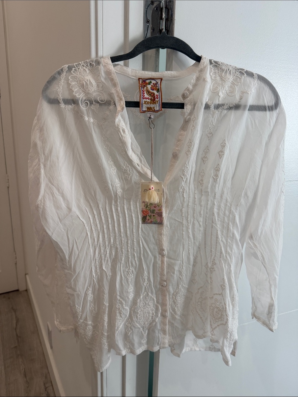 Johnny Was Ivory Sheer Embroidered Button-Up Blouse